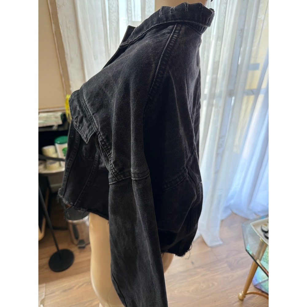 Unbranded Black Cropped Denim Trucker Jacket Distressed Raw Hem XL Streetwear - Picture 4 of 7